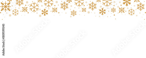 Elegant Christmas and winter vector border with falling golden snowflakes and small stars along the top edge of a plain white background. Horizontal design ideal for banners, headers, greeting card ba
