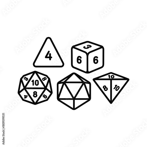 Black and white line art illustration of a set of polyhedral dice, used in tabletop roleplaying games