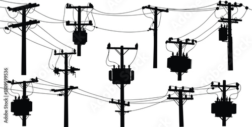 Vector silhouette collection of electric utility poles, transformers, and power lines for energy distribution grid.