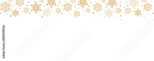 Elegant Christmas and winter vector border with falling golden snowflakes and small stars along the top edge of a plain white background. Horizontal design ideal for banners, headers, greeting card ba