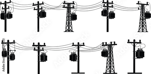 Vector silhouette collection of electric utility poles, transmission towers, and transformers connecting power lines for energy distribution grid.