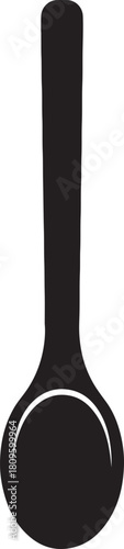 A simple black silhouette illustration of a long handled serving spoon on white background