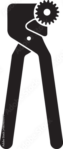 A black and white illustration of a can opener with a gear on top and handles below it