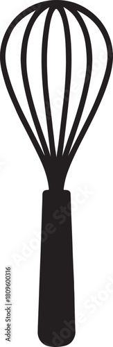 A black and white illustration of a kitchen whisk with a handle and wire loops forming the head