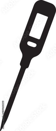 A black and white illustration of a digital thermometer with a long probe on a white background