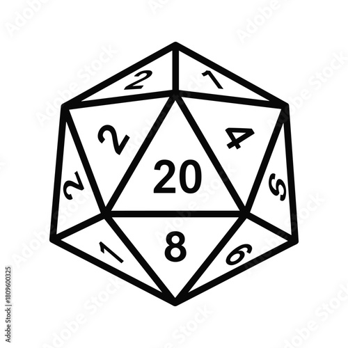 Line art illustration of a twentysided dice d20, a polyhedral die for tabletop roleplaying