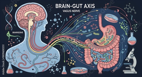 Illustration of brain-gut axis showing neural connections between brain and digestive system.