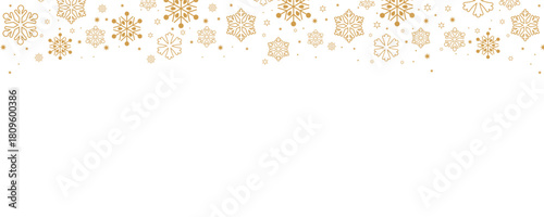 Elegant Christmas and winter vector border with falling golden snowflakes and small stars along the top edge of a plain white background. Horizontal design ideal for banners, headers, greeting card ba