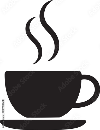 A simple black and white illustration of a steaming cup of coffee on a saucer with a handle