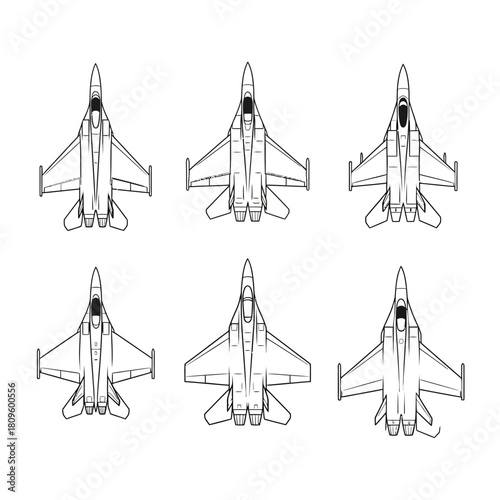Top-down view of six detailed line art illustrations of military fighter jets.