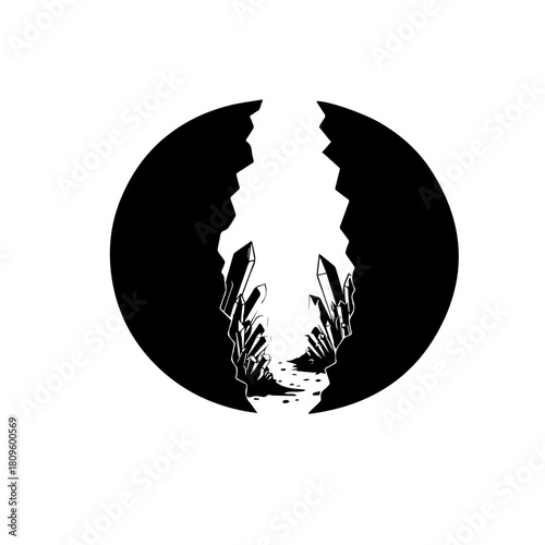 Abstract illustration of a narrow winding path through a dark mysterious landscape with jagged edges and a sense of depth.