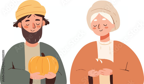 Flat vector illustration of a traditional harvest celebration featuring a man with a pumpkin and an older woman, embodying autumn's gratitude and community joy