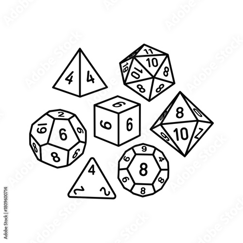 Collection of polyhedral dice with various numbers, used for tabletop roleplaying games and probability