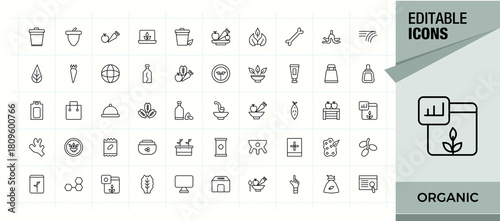 Organic linear icon collection. Minimalist icons collection. Editable vector stroke. Healthy line icon set. Contains outline symbols like nature, ecological, vegan, farming, gardening and more.