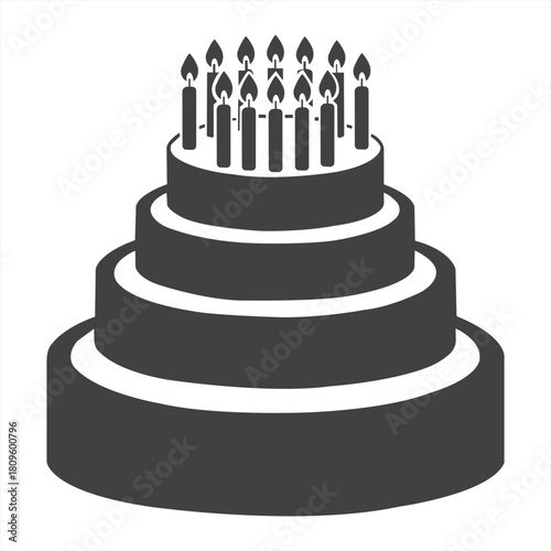 A monumental three layer cake adorned with many flickering candles a symbol of celebration joy and age with a stark