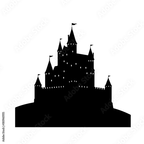 Silhouette of a majestic medieval castle with multiple towers and flags.