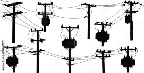 Vector silhouette set of electric utility poles, transformers, and overhead power lines for energy distribution infrastructure.