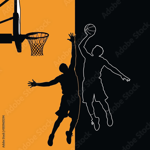 Silhouette illustration of two basketball players in a dynamic game, one dunking and the other defending.