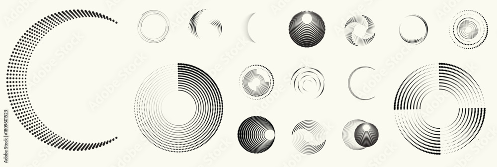 Fototapeta premium Abstract circular halftones element set, geometric dotted ring and spiral circle shapes for modern design, technology, or motion graphic backgrounds. Dotted round elements, radial spirals, and vortex.