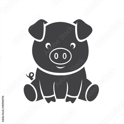 A charming cartoon piglet with a curly tail cheerfully greets the world rendered in a minimalist black silhouette