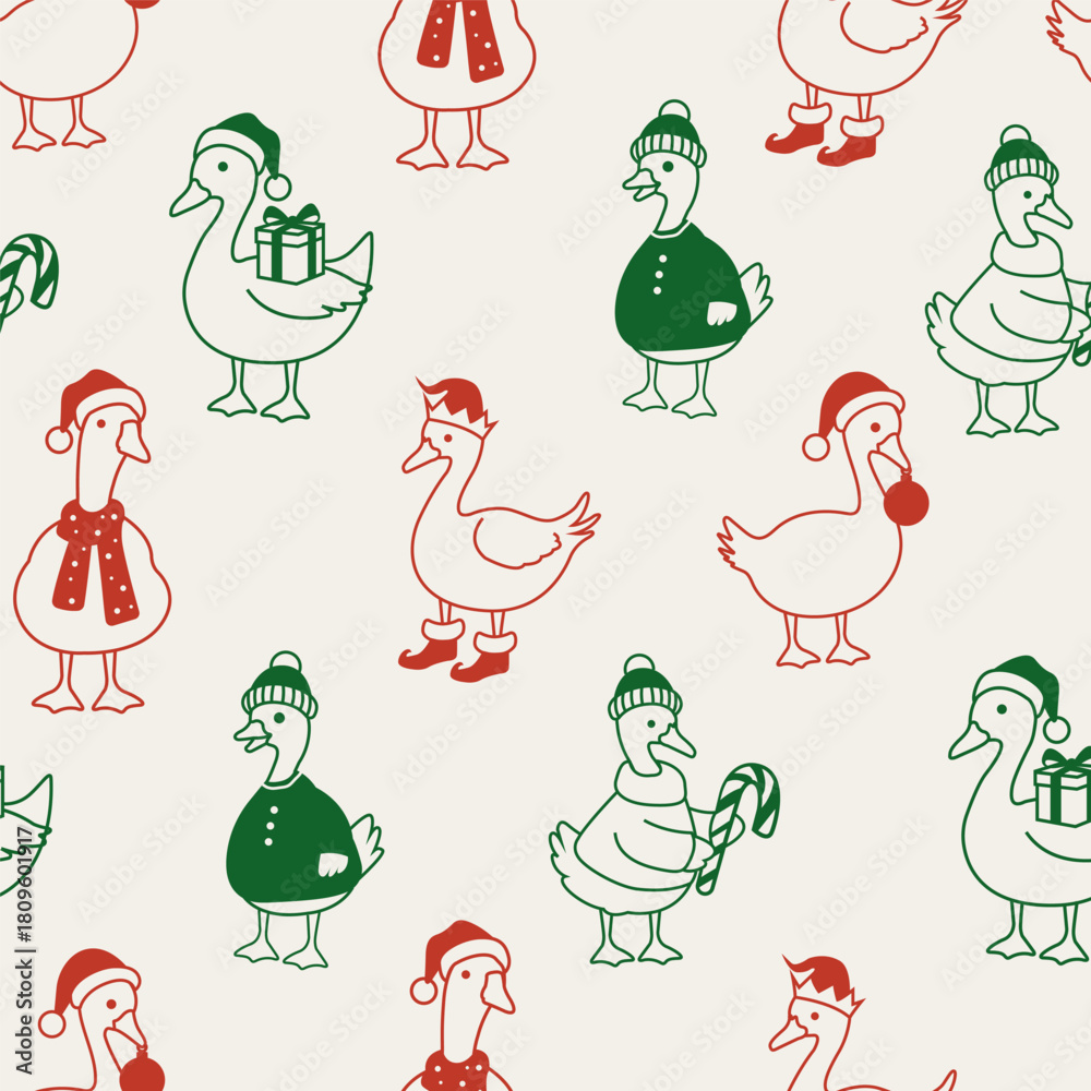 Naklejka premium Cute Christmas goose seamless pattern. Festive background for wrapping, greeting cards, textile designs and decor.