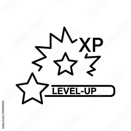 Experience points xp and levelup progress bar with stars, symbolizing achievement in gaming, isolated on