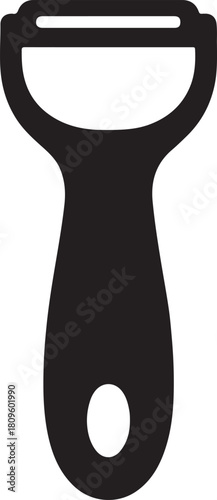 A black and white illustration of a peeler with a handle and a blade at the top end of the tool