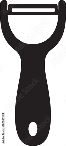 A black and white graphic illustration of a peeler with a handle and a blade at the top