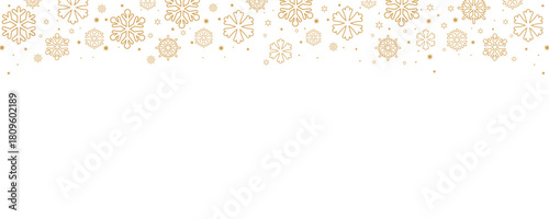 Elegant Christmas and winter vector border with falling golden snowflakes and small stars along the top edge of a plain white background. Horizontal design ideal for banners, headers, greeting card ba