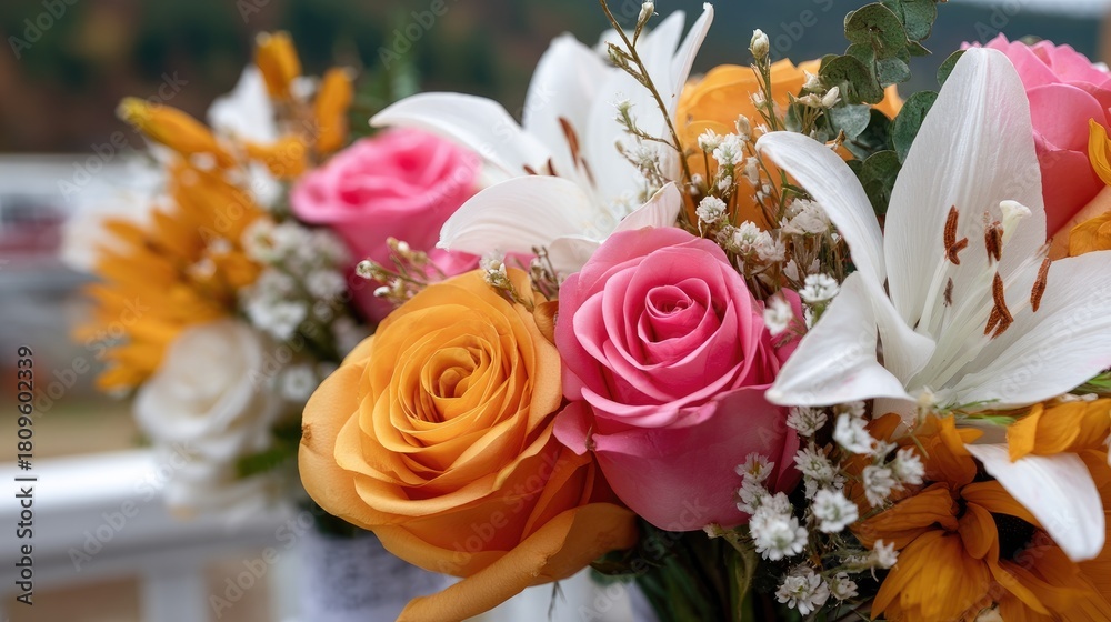 Naklejka premium Various fruits and vegetables are creatively arranged around two loaves of bread and an open book, creating a vibrant centerpiece