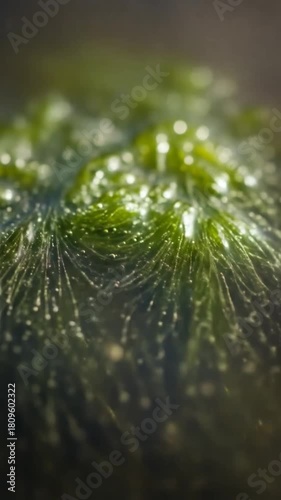 Underwater world comes alive with vibrant green algae and shimmering bubbles in a dynamic scene, perfect for nature and science projects