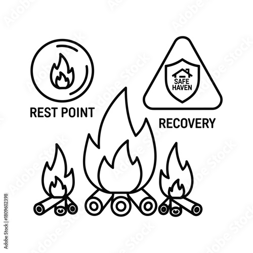 Line art illustration featuring icons for rest point, recovery, and safe haven, alongside three campfires