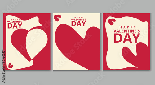 Set of three modern, abstract graphic design cards celebrating valentine day with bold red heart shapes and minimalist typography on a cream background