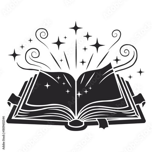 A mystical book unleashing stars and magical swirls symbolizing knowledge and dreams with a stark black and white vector
