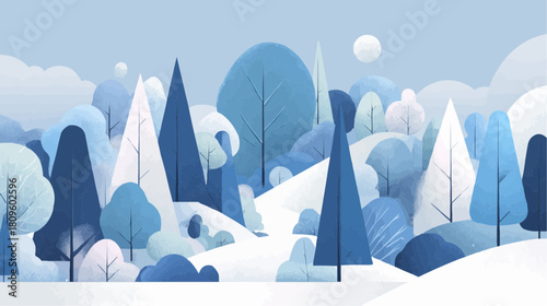 An abstract winter forest with geometric trees and snowy hills, part of a seasonal landscape series for posters and packaging collections