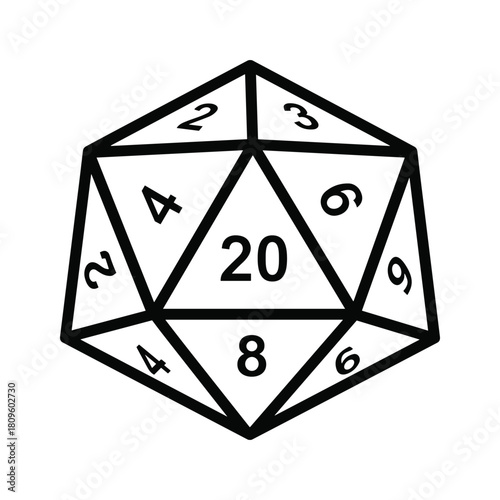 Line art illustration of a twentysided die d20 with numbers, isolated on