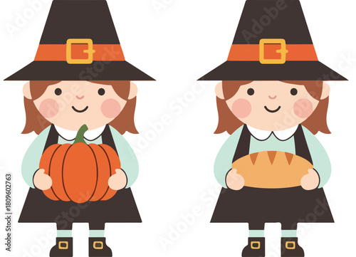 Vector flat design of two cheerful characters in harvest hats, one holding a pumpkin and the other fresh bread, celebrating the autumn season and seasonal bounty