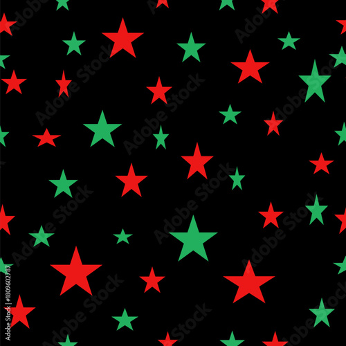 A seamless Christmas-themed pattern featuring red and green stars scattered across a deep black background. Perfect for holiday wrapping paper, textiles, digital designs, and festive decorations.