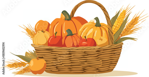 Rustic autumn harvest basket filled with colorful pumpkins, fresh apples, golden corn, and decorative wheat stalks, celebrating seasonal abundance and fall festivities