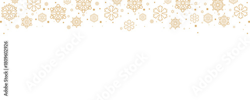Elegant Christmas and winter vector border with falling golden snowflakes and small stars along the top edge of a plain white background. Horizontal design ideal for banners, headers, greeting card ba
