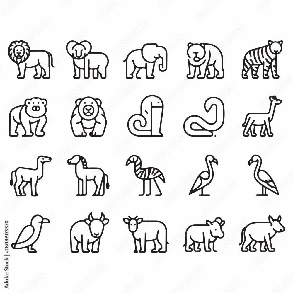 Fototapeta premium Collection of wild and domestic animals represented with line art icons