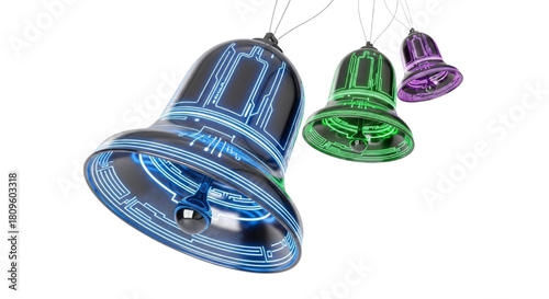 Futuristic 3D Rendered Jingle Bells with Glowing Neon Circuit Board Design