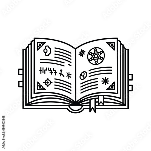 Open spellbook with ancient magical symbols and runes, fantasy lore, mystic knowledge