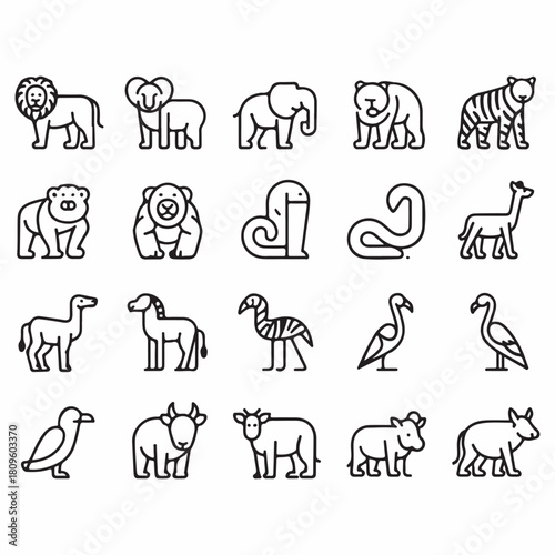 Collection of wild and domestic animals represented with line art icons