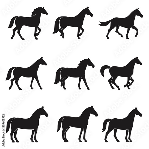 Collection of graceful horse silhouettes in various walking and running poses