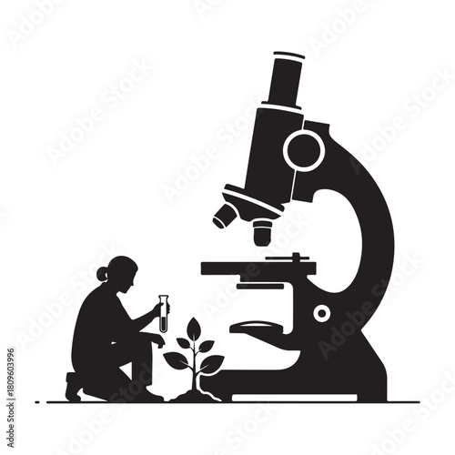 Botanical science illustration featuring researcher plant and microscope design