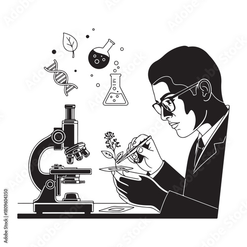 Scientist examining plant specimen under microscope in laboratory setting