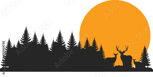 Striking wilderness illustration featuring a deer family silhouette within a tranquil pine forest, highlighted by a radiant orange sun or moon, depicting nature's serene beauty