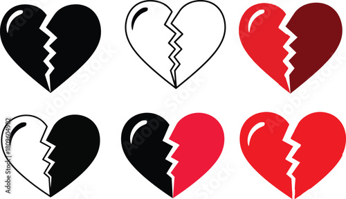Collection of broken heart icons in various colors and styles, symbolizing heartbreak and loss, suitable for design projects