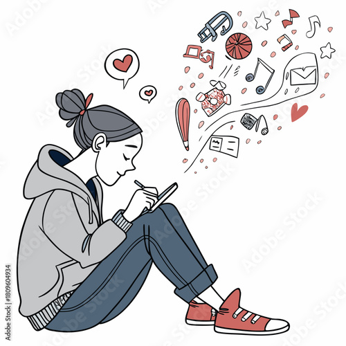 Girl sitting and writing or drawing in notebook illustration design